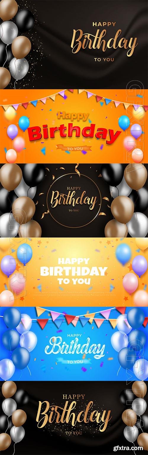 Happy birthday banner with circle gold and realistic balloons premium vector