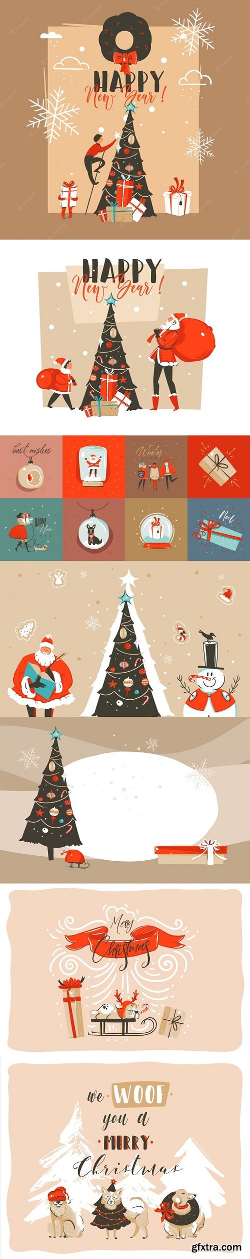 Hand drawn abstract merry christmas and happy new year time vintage cartoon illustrations