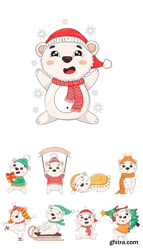 Collection of cute cartoon new year polar bears