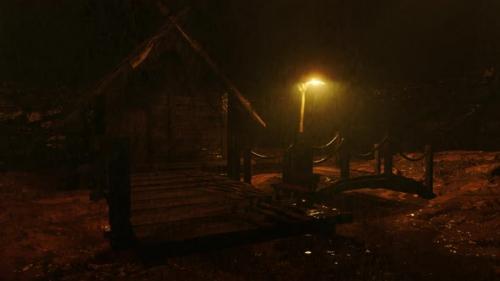 Videohive - Rain Falls In The Garden At Night, The Cottage By The Small Wooden Bridge On A Rainy Day - 41896271 - 41896271