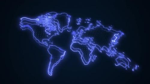 Videohive - 3D Neon Blue World Map Borders Outline Loop Background - 41886378 - 41886378