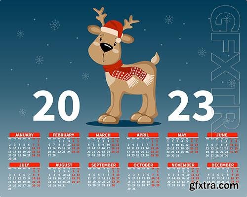 Calendar 2023 with a cute little deer in a santa hat on the background of snowflakes illustration