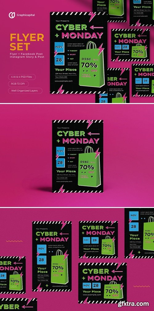 Black Flat Design Cyber Monday Flyer Set QKQCKTL