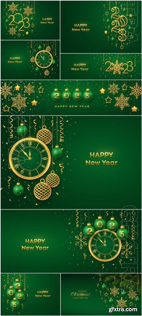 Christmas background with hanging golden snowflakes and green balls gold metallic stars confetti