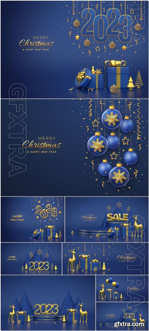 Happy new 2023 year hanging golden metallic numbers 2023 with shining snowflakes