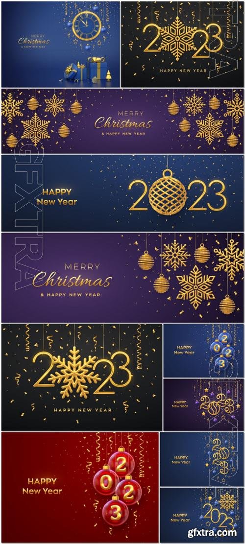 Vector happy new year 2023 hanging green christmas bauble balls with realistic golden 3d numbers 2023