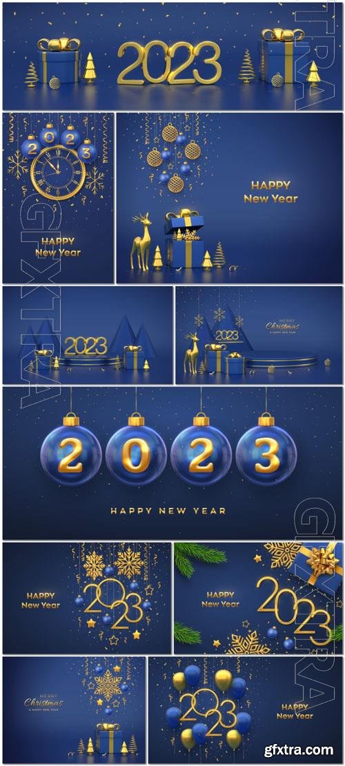 Vector happy new 2023 year hanging golden metallic numbers 2023 with shining 3d metallic stars balls