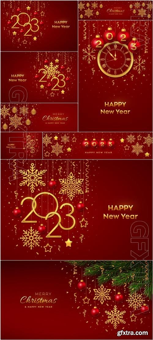 Christmas red background with hanging shining golden snowflakes and balls merry christmas greeting card