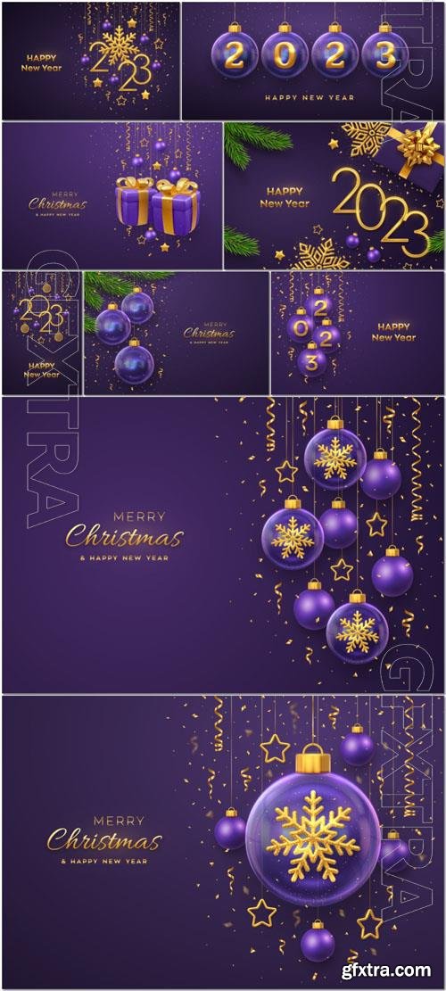 Merry christmas greeting card or banner hanging transparent glass balls pine branches on purple background