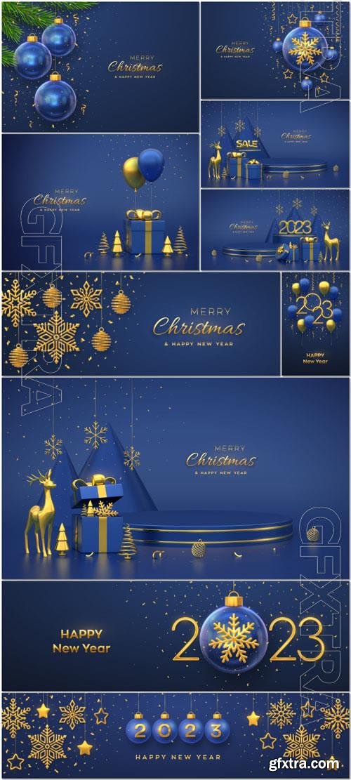 Vector christmas scene and 3d round platforms on blue background 3d golden numbers 2023