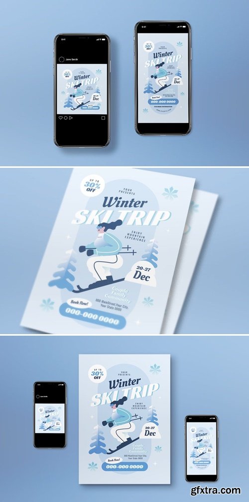 Blue Flat Design Winter Ski Trip Flyer Set 2XZM85V