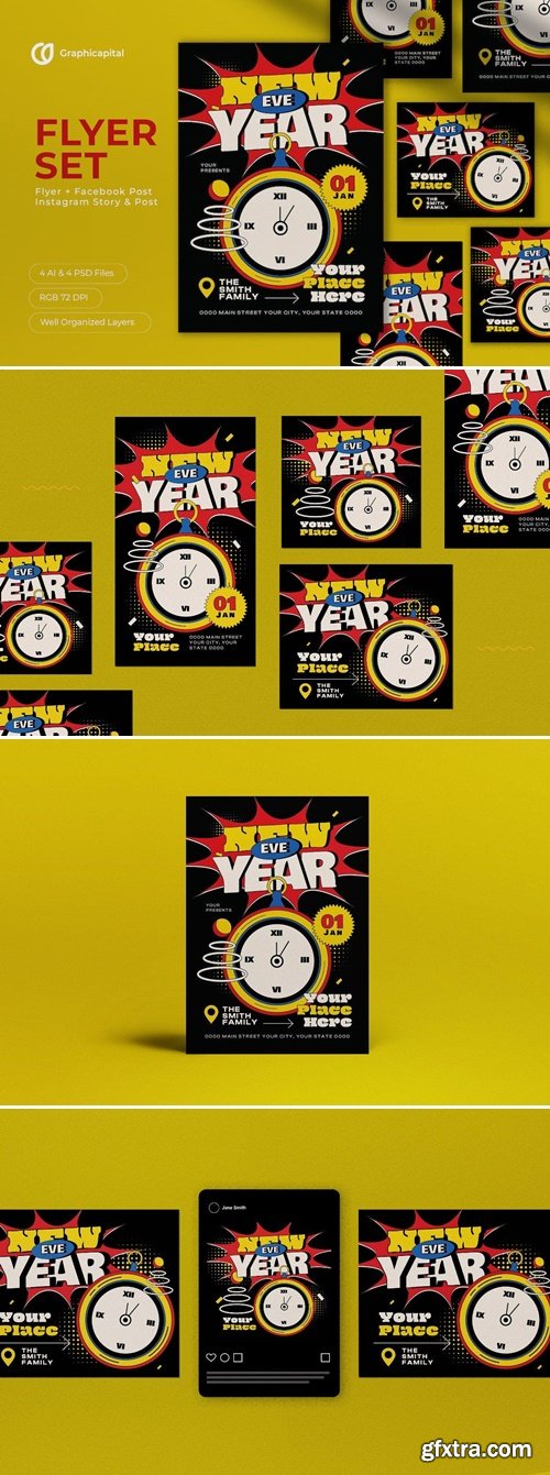 Black Flat Design New Year Eve Flyer Set 7UC482J