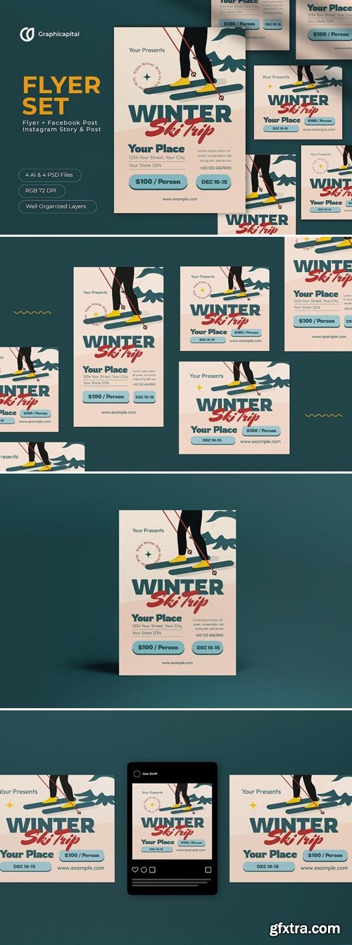 Beige Flat Design Winter Ski Trip Flyer Set 84GZ88H