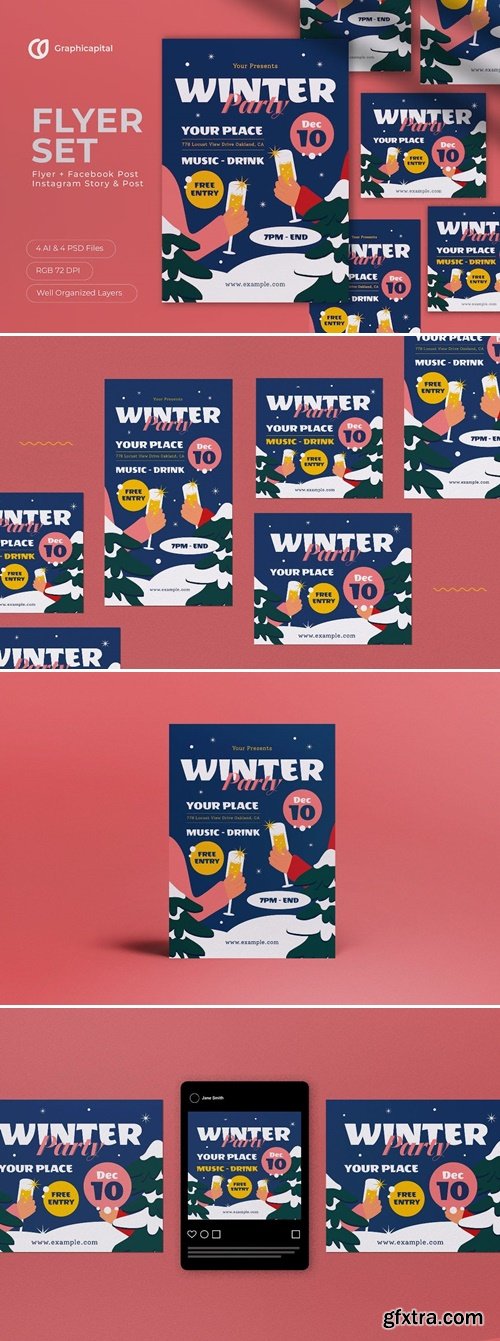 Blue Flat Design Winter Party Flyer Set WKZEGUR