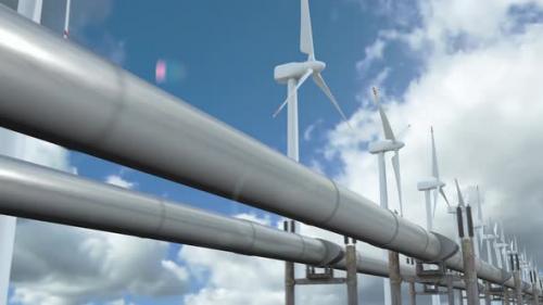 Videohive - Moving along gas main pipeline and spinning wind turbines on the background loop 4k - 42181733 - 42181733