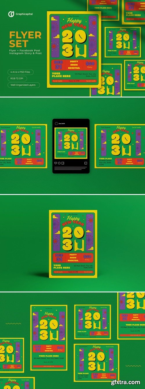 Green Pop Art Happy New Year Flyer Set KSZSFV3