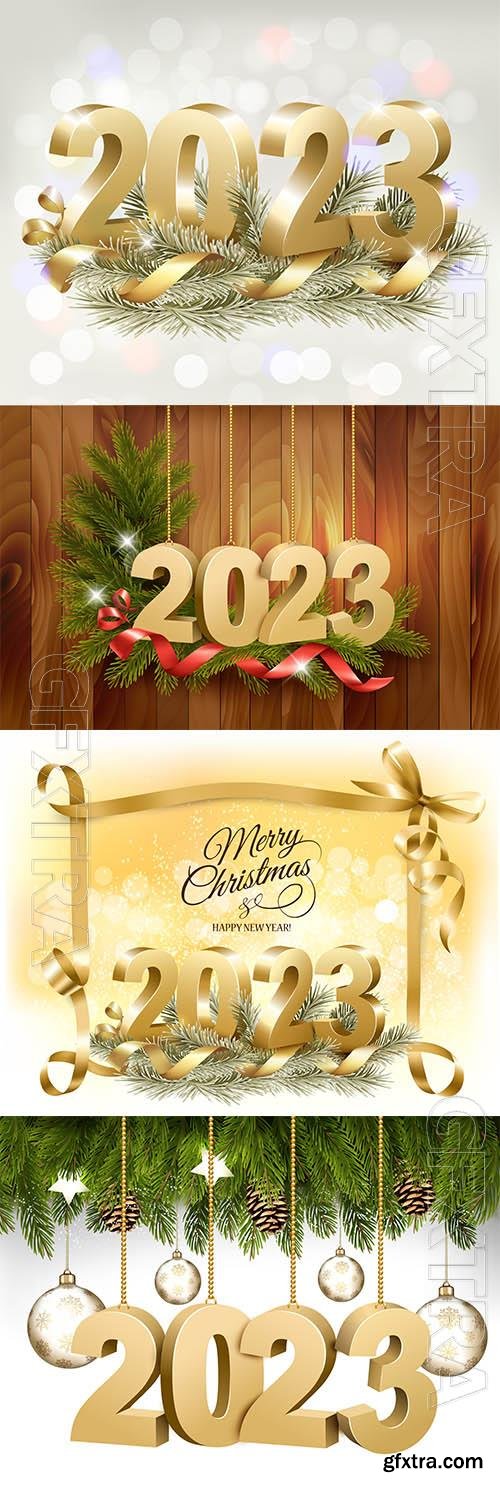 Vector merry christmas and happy new year background with a 2023 letters and branch of tree vector