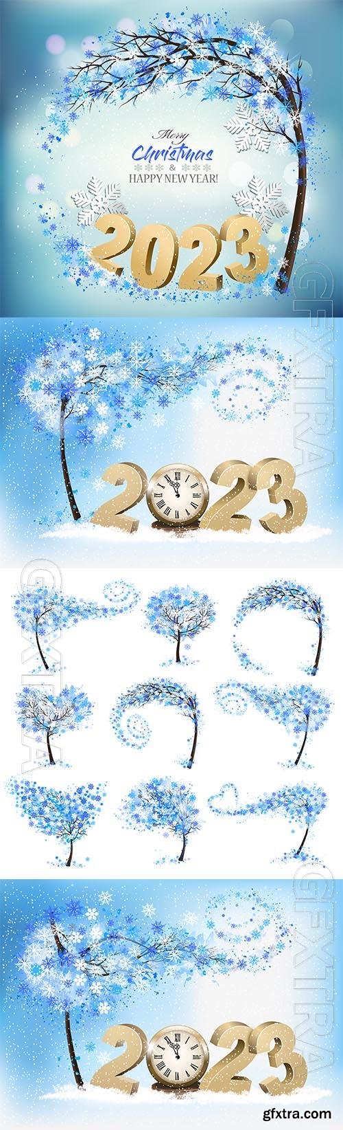 Vector merry christmas and happy new year background with 2023 letters and christmas tree with snowflakes vector