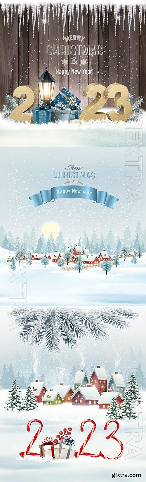 2023 vector holiday christmas background with winter landscape