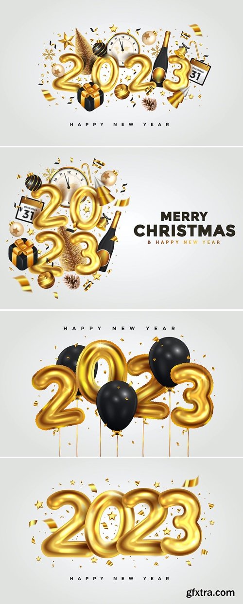 Happy New Year 2023 Golden metal number on various background