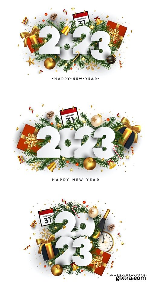 Happy New Year banner, 2023 numbers on Green Fir Branches and holiday ornaments on white background