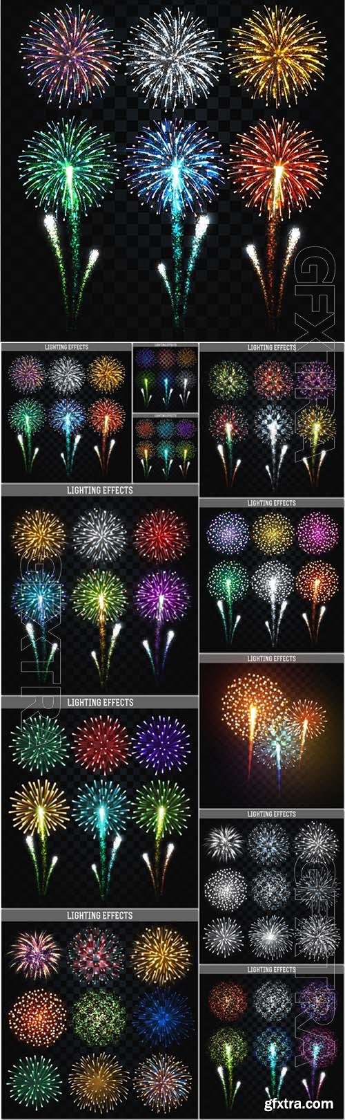 Vector fireworks set, realistic bright colorful salutes