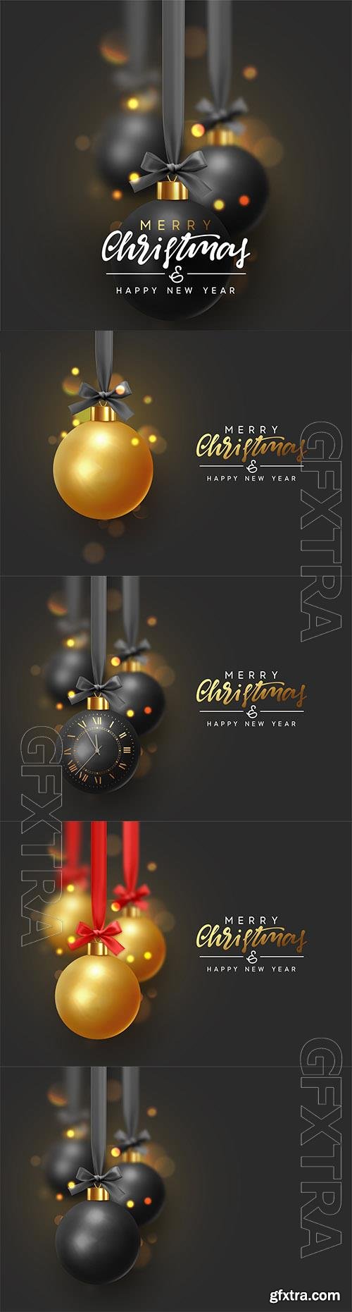 Vector merry christmas and happy new year, xmas golden balls