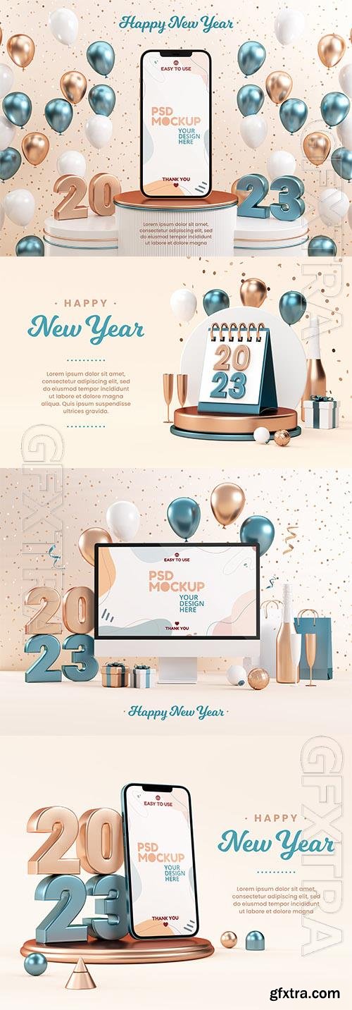 PSD new year 2023 card with numbers and christmas background in 3d render