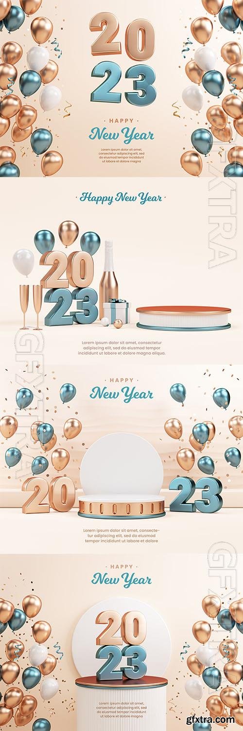 PSD 2023 festive flyer background with metallic numbers on a podium gold balloons and copy space