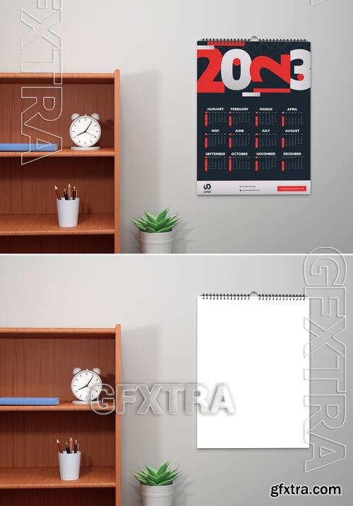 Wall Calendar Mockup with Wooden Shelf 527882348