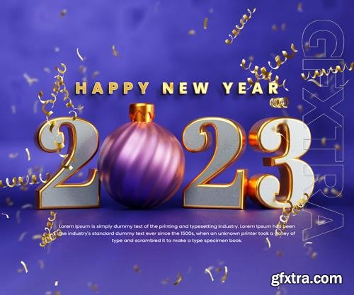 PSD realistic happy new year 2023 celebration banner or happy new year 3d text with christmas ball