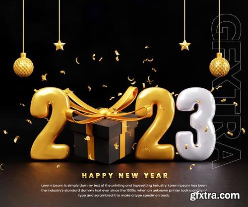 PSD realistic happy new year 2023 celebration banner or happy new year 3d text and giftbox