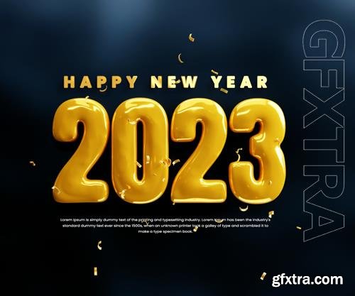 PSD realistic happy new year 2023 celebration banner or happy new years gold text 3d isolated