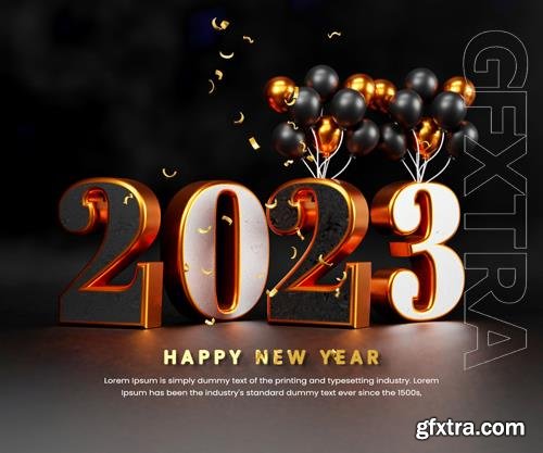 PSD realistic happy new year 2023 celebration banner or happy new years background template with balloon