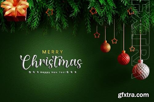 PSD merry christmas and happy new year with realistic decoration or 3d realistic merry christmas banner