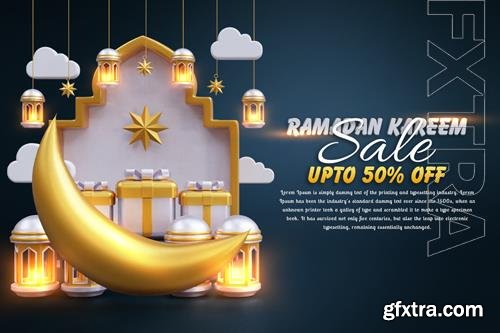 PSD ramadan sale banner template 3d illustration with moon star podium lantern