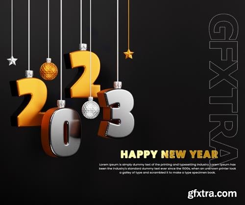 New year 2023 celebration banner with gold glossy text 3d render or happy new years background