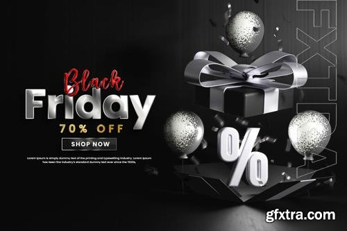 Black friday sale banner with balloons and gift box or flack friday offer banner