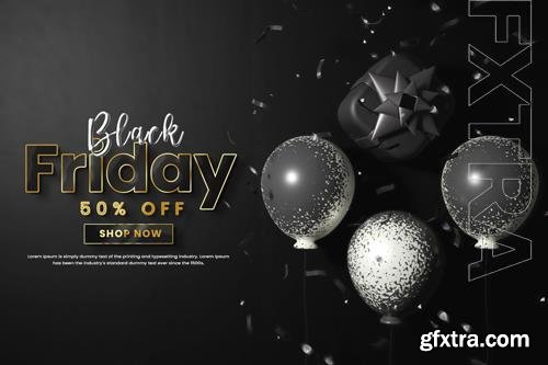 Black friday sale psd banner with balloons and gift box or flack friday offer banner