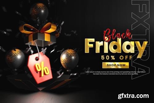 PSD realistic black friday sale banner with balloons and gift box or flack friday offer banner