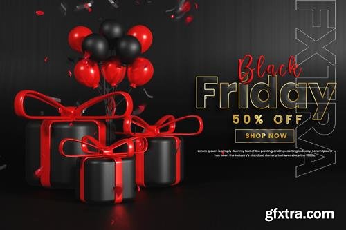 Black friday psd sale banner with balloons and gift box or flack friday offer banner