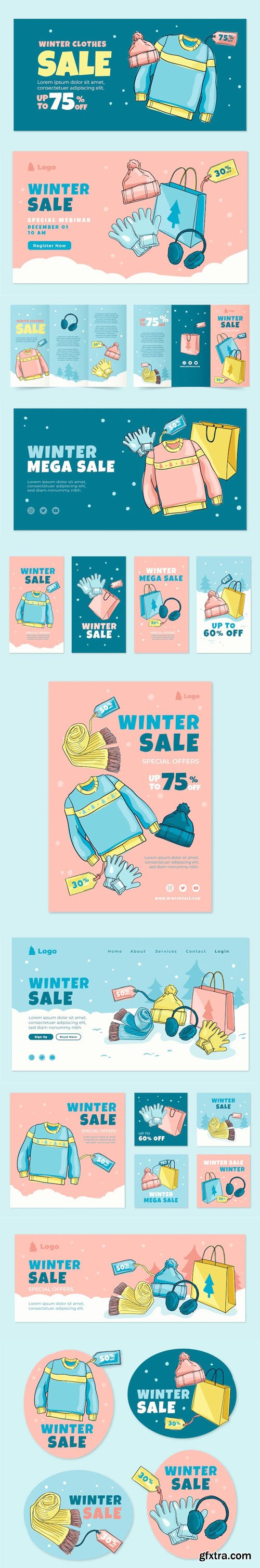 Hand Drawn Winter Sale Marketing Vector Templates Pack