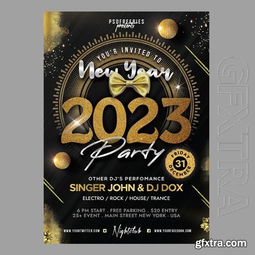 PSD happy new year flyer 2023 with gold ribbons