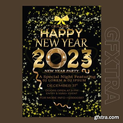 Happy new year flyer 2023 with golden festive decor