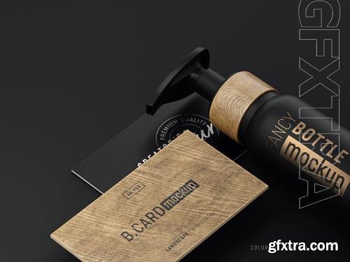 PSD luxury logo mockup on wooden business card and cosmetic bottle with foil effects