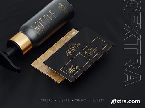 PSD floating business cards mockup scene with cosmetic bottle perspective view