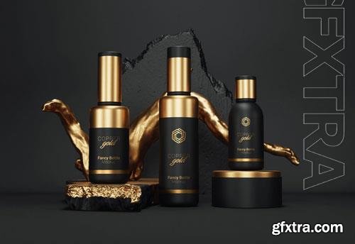 PSD fancy cosmetic bottle packaging mockup gold version