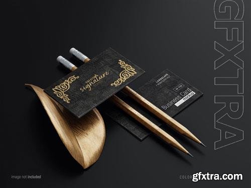 PSD horizontal business cards mockup scene with wood texture