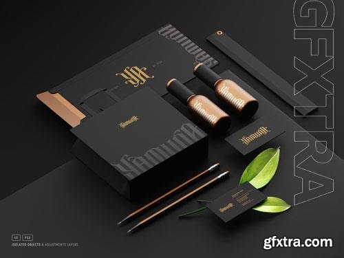 PSD cosmetic stationery set branding mockup with paper bag bottles envelope and business cards