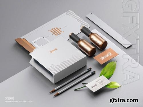 Cosmetic stationery set branding mockup with paper bag bottles envelope and business cards